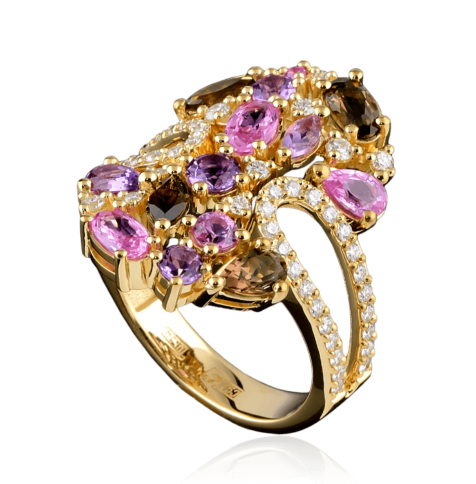 Кольцо с цветными камнями и бриллиантами в желтом золоте 750 пробы, фото № 2