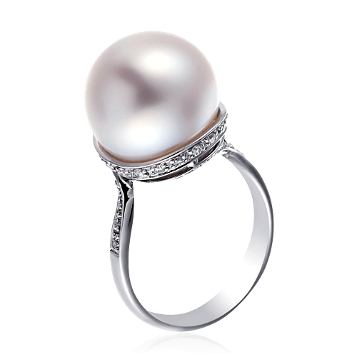 Кольцо с бриллиантами, жемчугом из белого золота 750 пробы, фото № 1