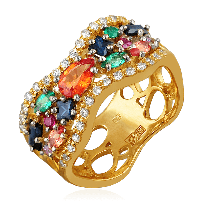 Кольцо с рубином, бриллиантами, изумрудом, цветными сапфирами из желтого золота 750 пробы, фото № 1