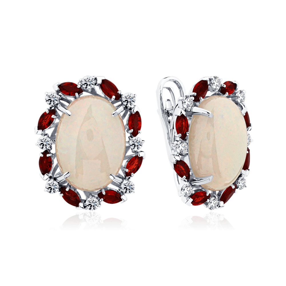 Серьги с сапфиром, бриллиантами, опалом из белого золота 585 пробы (арт. 126980)