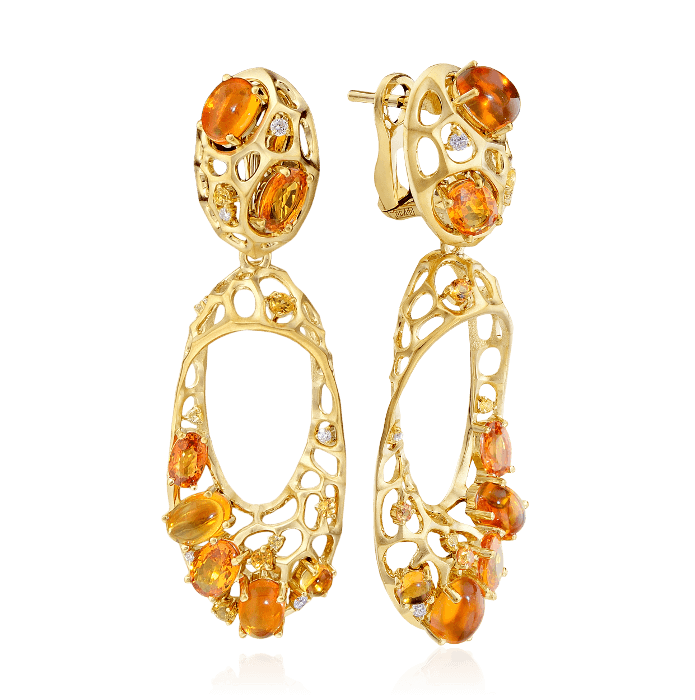 Длинные серьги с цитринами, желтыми и оранжевыми сапфирами, бриллиантами в желтом золоте 585 пробы (арт. 35216)