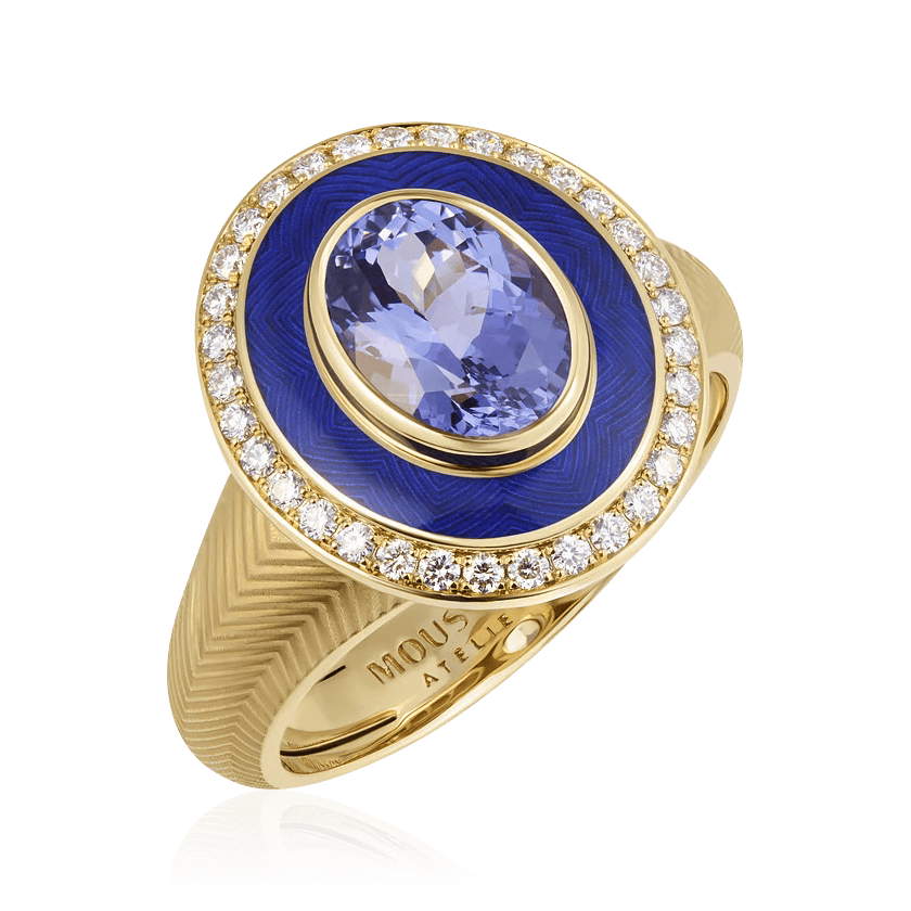 Кольцо с танзанитом, бриллиантами, эмалью из желтого золота 750 пробы (арт. 86446)