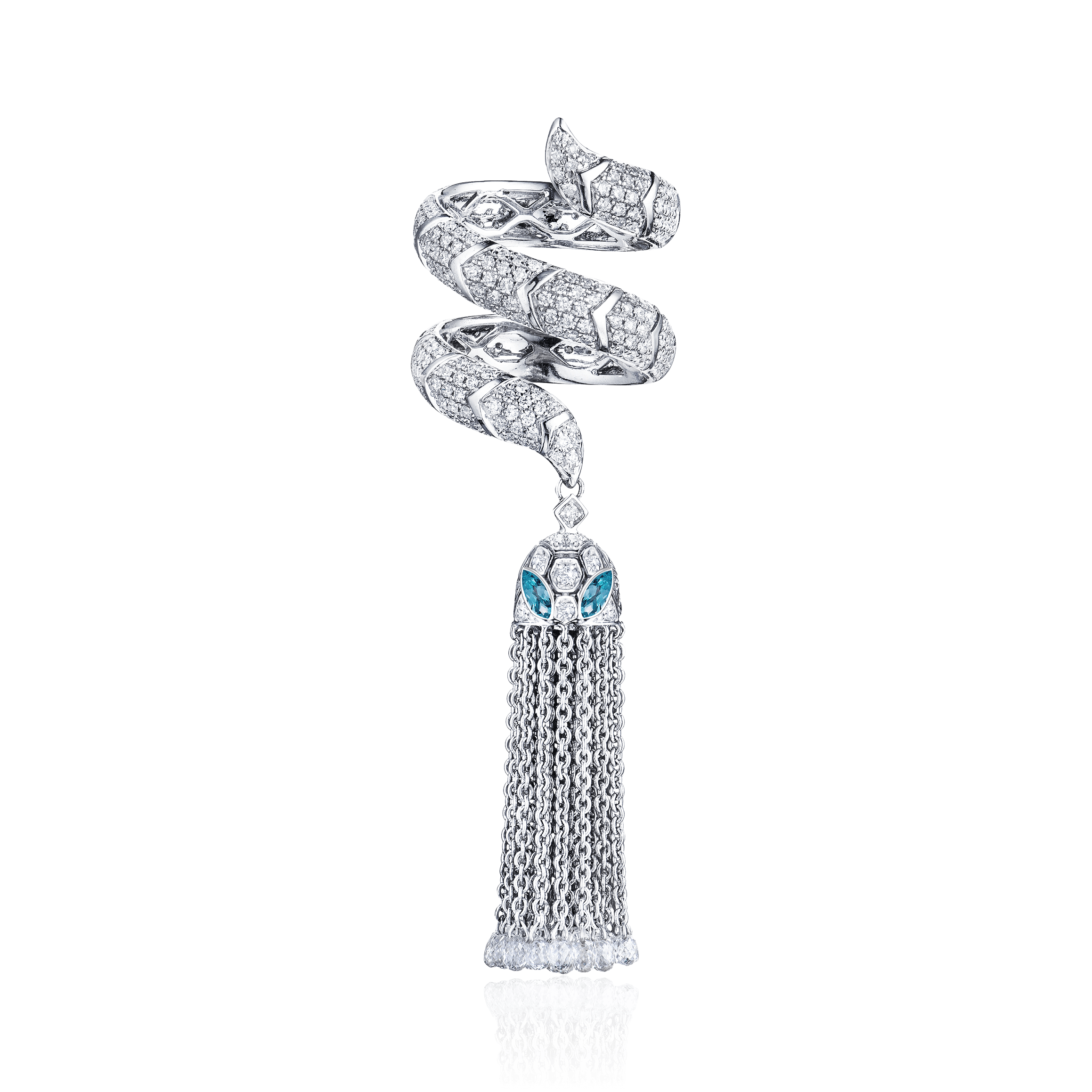 Кольцо кисть Змея с аквамарином, бриллиантами из белого золота 750 пробы, фото № 1