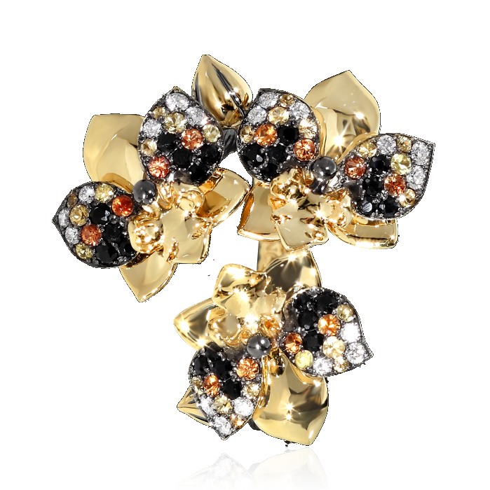Кольцо с сапфирами цветными, бриллиантами в желтом и черном золоте 750 пробы, фото № 2