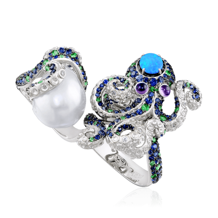 Кольцо Осьминог с жемчугом, бриллиантами, сапфиром, аметистом, тсаворитом, опалом из белого золота 750 пробы (арт. 38267)