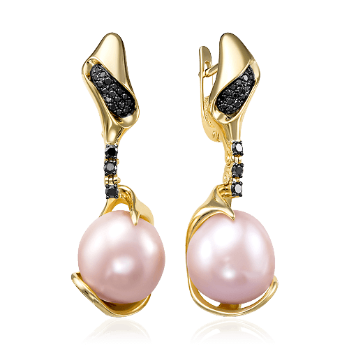 Серьги с жемчугом, бриллиантами из желтого золота 585 пробы, фото № 1