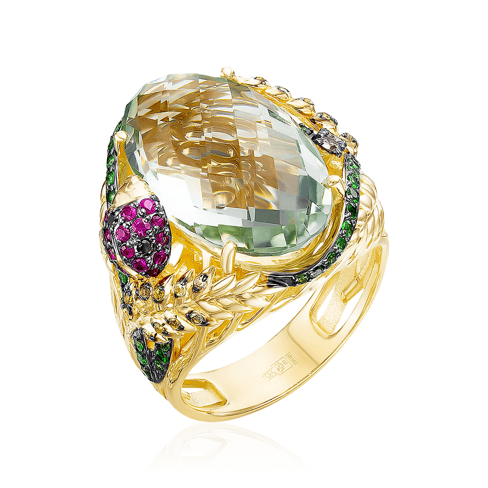 Кольцо Божья коровка с рубином, сапфиром, бриллиантами, кварцем из желтого золота 585 пробы, фото № 1