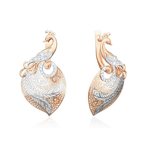 Серьги Жар-Птица с фианитами из красного золота 585 пробы, фото № 1