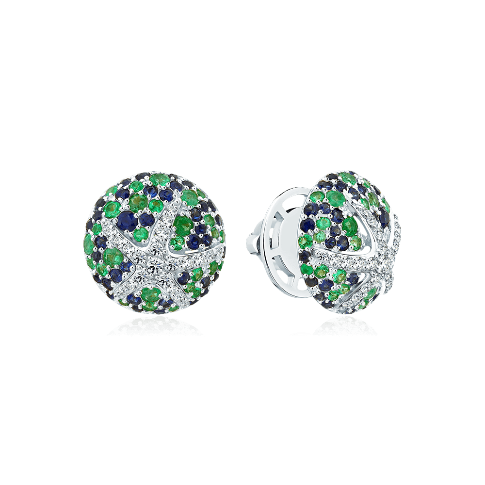Серьги с сапфиром, изумрудом, бриллиантами из белого золота 585 пробы, фото № 1