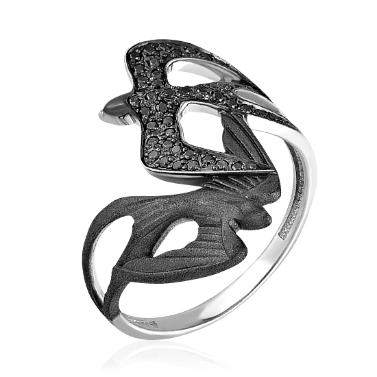 Кольцо с черными бриллиантами из белого и черного золота 585 в виде пары летящих ласточек (арт. 45215)