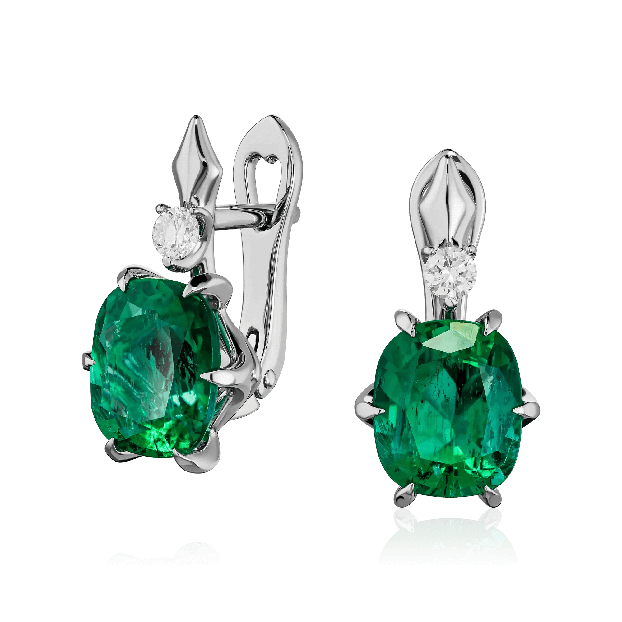 Серьги с изумрудом, бриллиантами из платины  950 пробы, фото № 1
