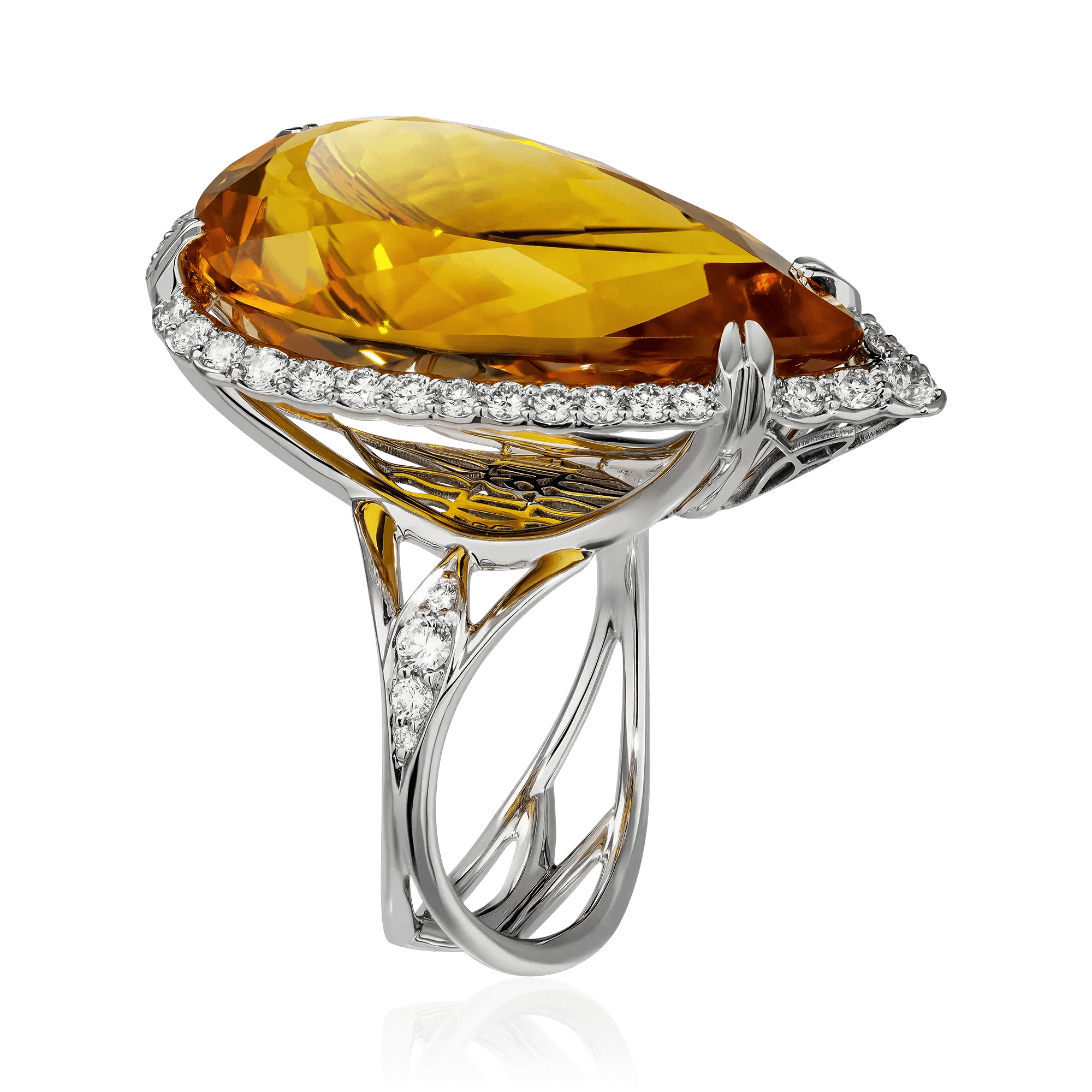 Кольцо с топазом Империал, бриллиантами из белого золота 750 пробы, фото № 2