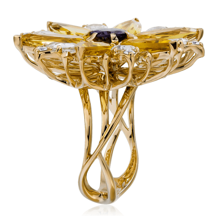 Кольцо в виде цветка с шпинелью, гелиодором, бриллиантами, белыми сапфирами фантазийным из желтого золота 750 пробы, фото № 3