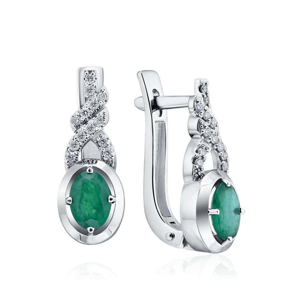 Серьги с изумрудом, бриллиантами из белого золота 585 пробы (арт. 126790)