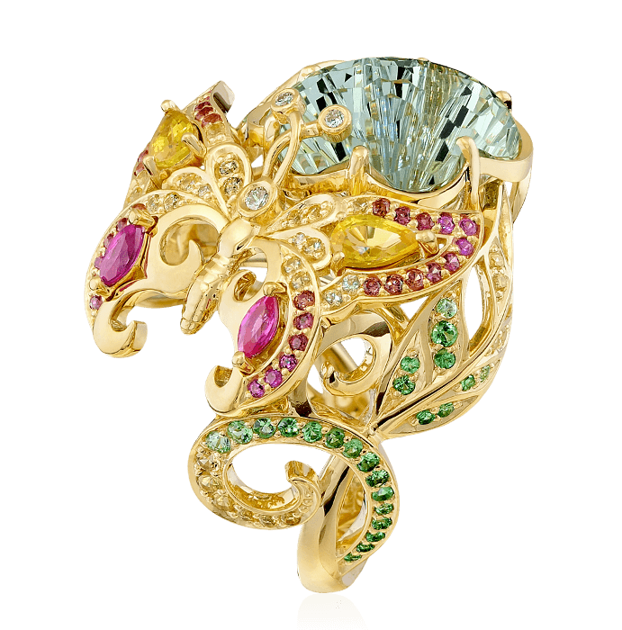 Кольцо в виде бабочки с празиолитом, тсаворитом, цветными сапфирами, бриллиантами из желтого золота 750 пробы, фото № 1