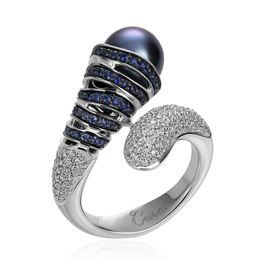 Кольцо с жемчугом, бриллиантами, сапфиром из белого золота 585 пробы, фото № 1