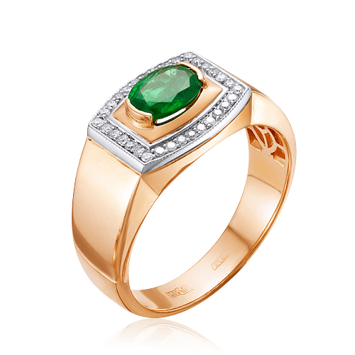 Мужское кольцо с изумрудом, бриллиантами из комбинированного золота 585 пробы, фото № 1