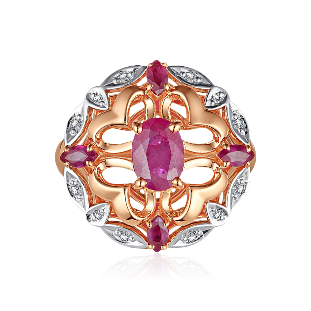 Кольцо с рубином, бриллиантами из красного золота 585 пробы, фото № 2