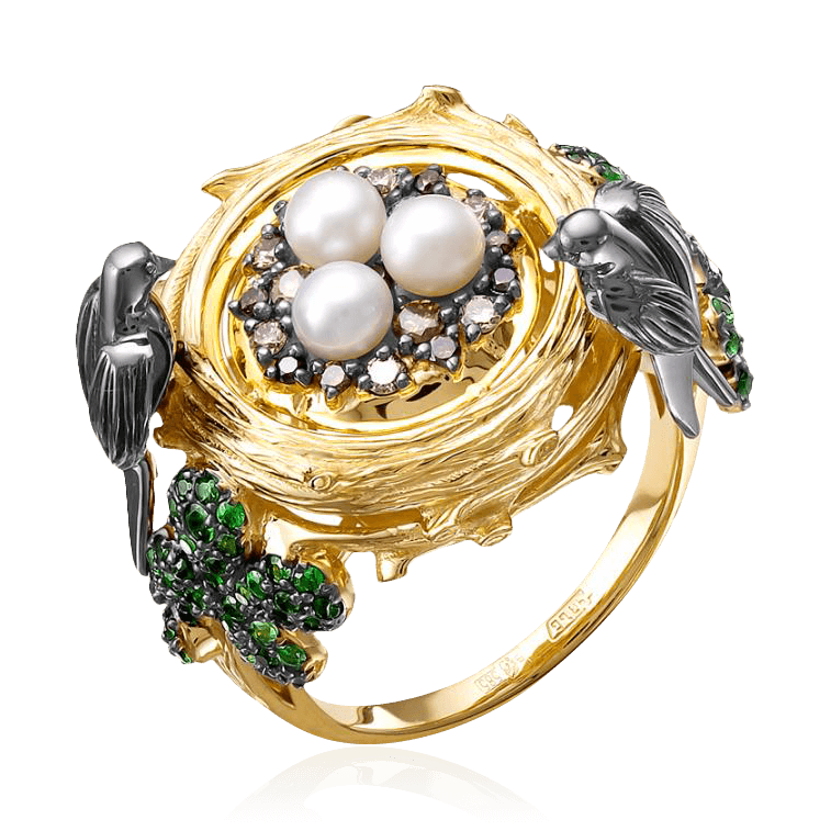Кольцо Гнездо с жемчугом, бриллиантами, тсаворитом из комбинированного золота 585 пробы, фото № 1