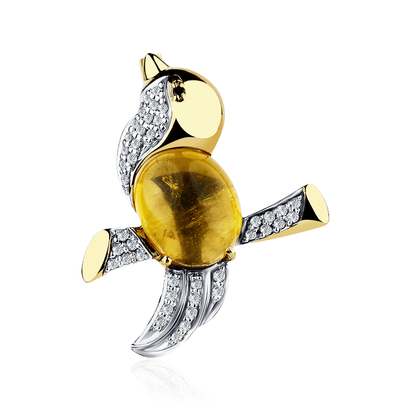 Брошь в виде птенца с турмалином, бриллиантами из желтого золота 585 пробы, фото № 1
