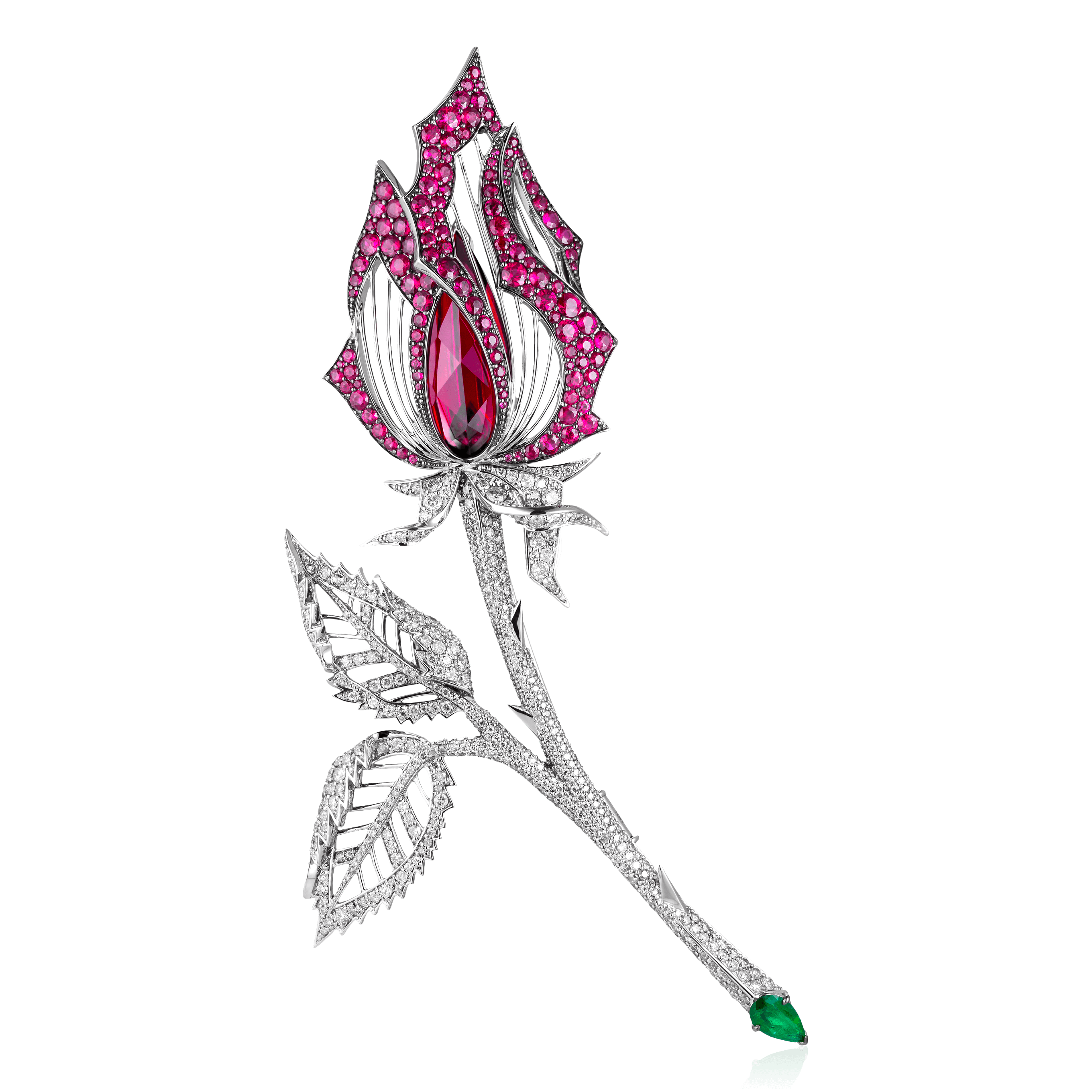Брошь Роза с рубинами, изумрудом, бриллиантами из белого золота 750 пробы (арт. 91862)
