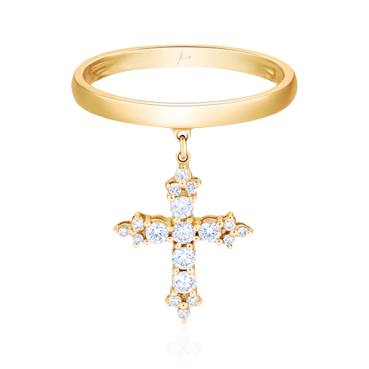 Кольцо с подвесным крестом с бриллиантами из желтого золота 750 пробы, фото № 1