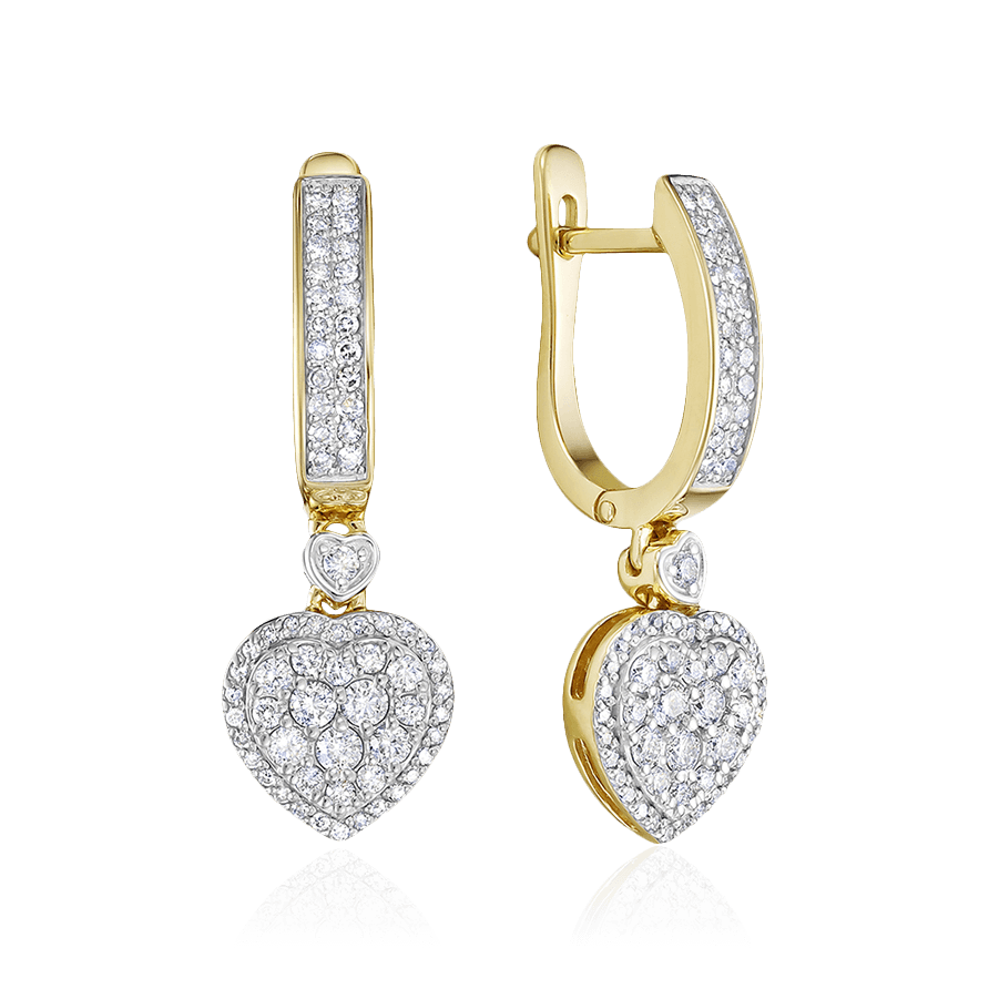 Серьги в форме сердец с бриллиантами из желтого золота 585 пробы (арт. 100614)