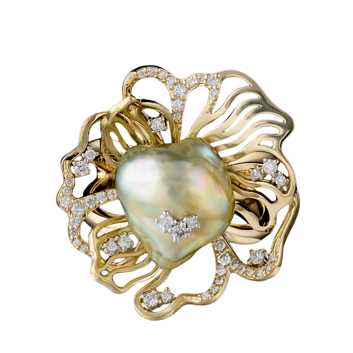 Кольцо с жемчугом, бриллиантами из желтого золота 750 пробы, фото № 2