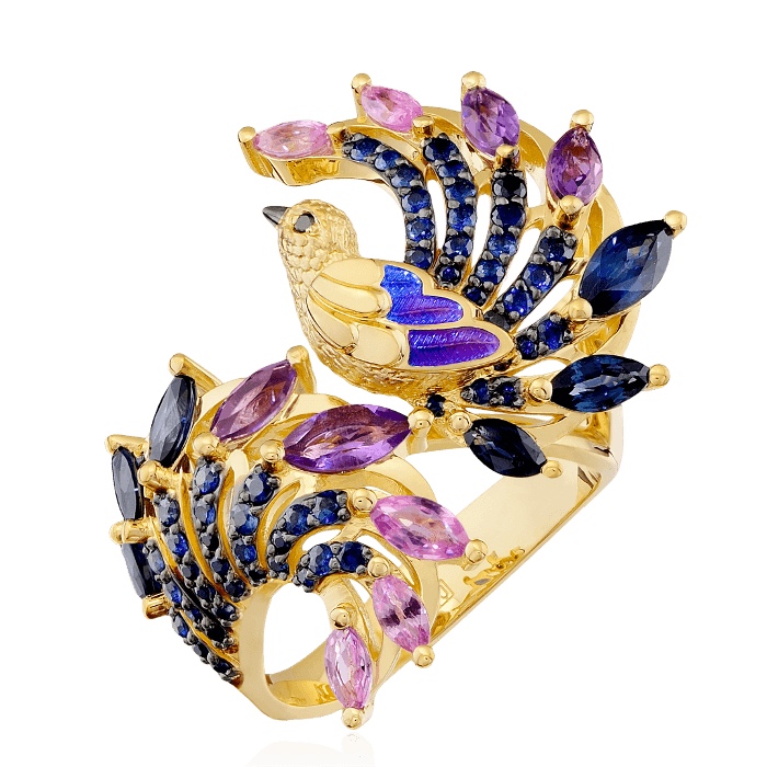 Кольцо Птица с бриллиантами, аметистом, эмалью, цветными сапфирами из желтого золота 750 пробы, фото № 2