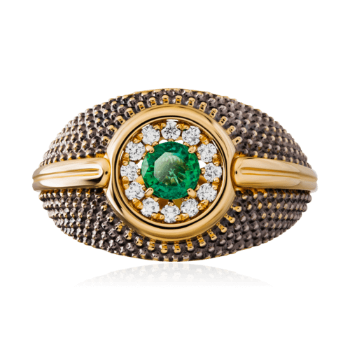Мужское кольцо с изумрудом, бриллиантами из желтого золота 750 пробы, фото № 2