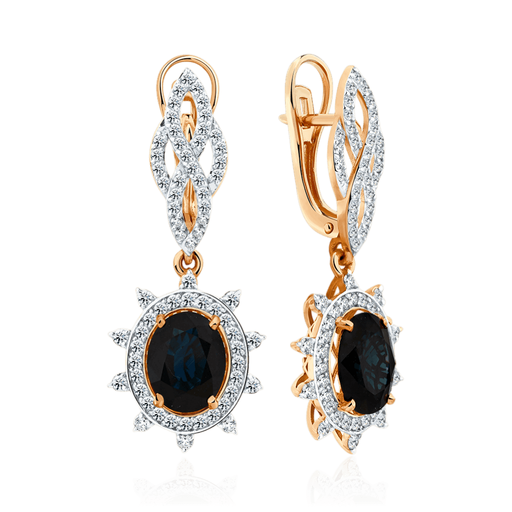 Серьги с сапфиром, бриллиантами из красного золота 585 пробы (арт. 128539)