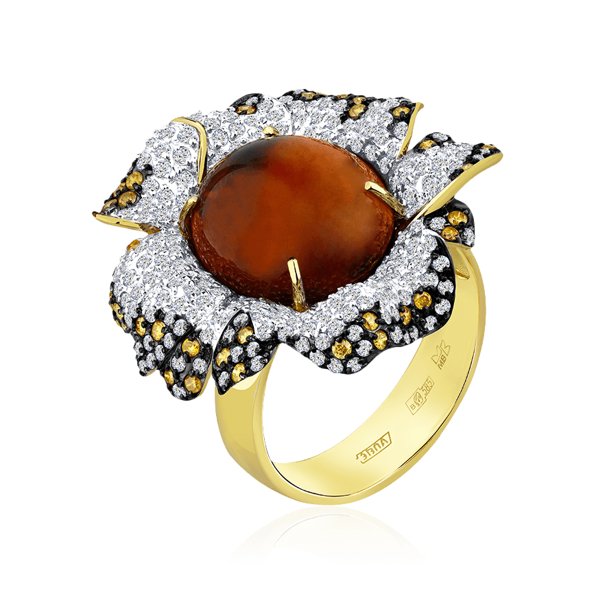 Кольцо Цветок с бриллиантами, турмалином из желтого золота 585 пробы, фото № 1