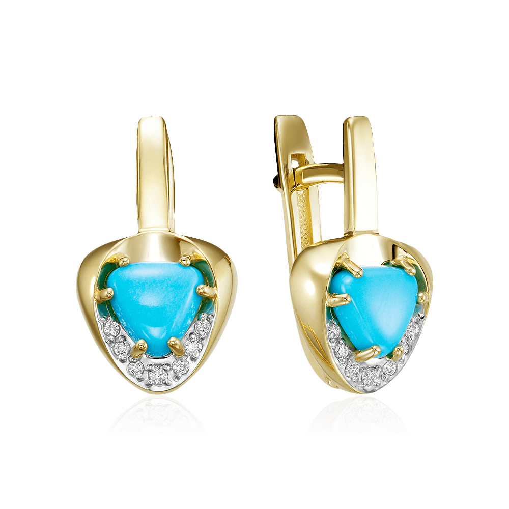 Серьги с бирюзой, бриллиантами из желтого золота 585 пробы, фото № 1
