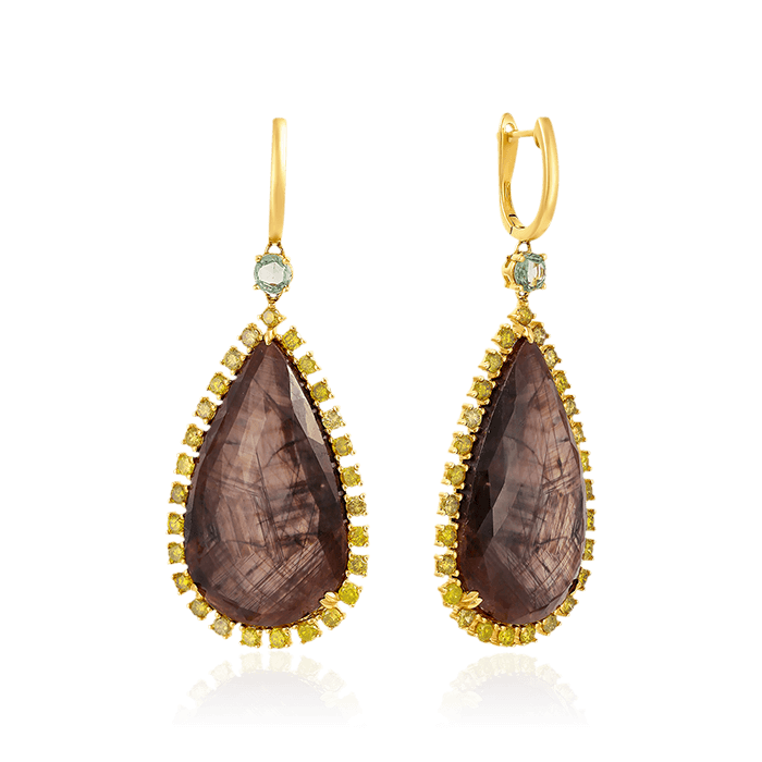 Серьги с корундом, зелеными сапфирами, бриллиантами из желтого золота 585 пробы (арт. 65582)