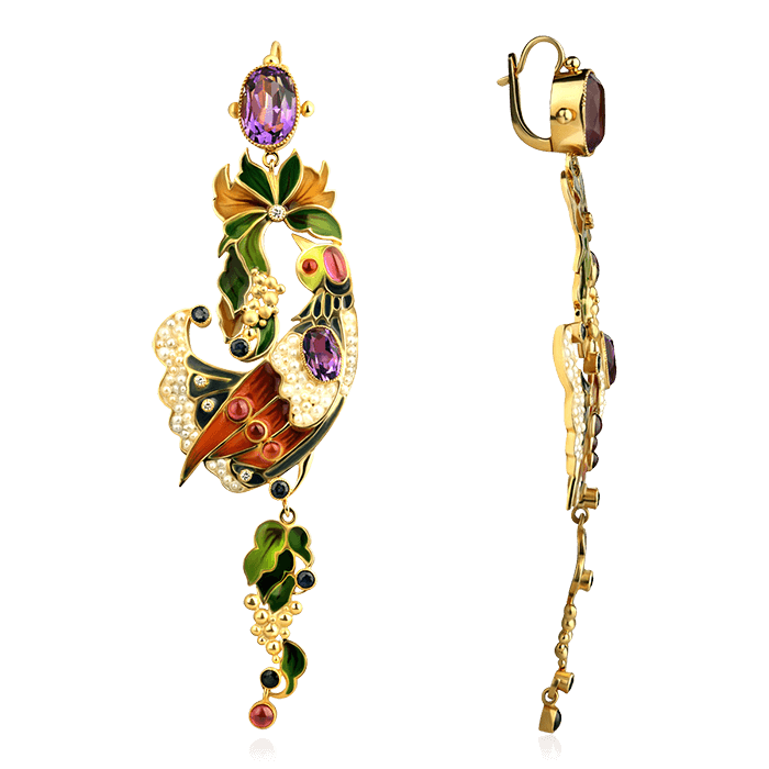 Серьги Сказочная птица с аметистом, жемчугом, сапфиром, эмалью, бриллиантами из желтого золота 750 пробы (арт. 76660)