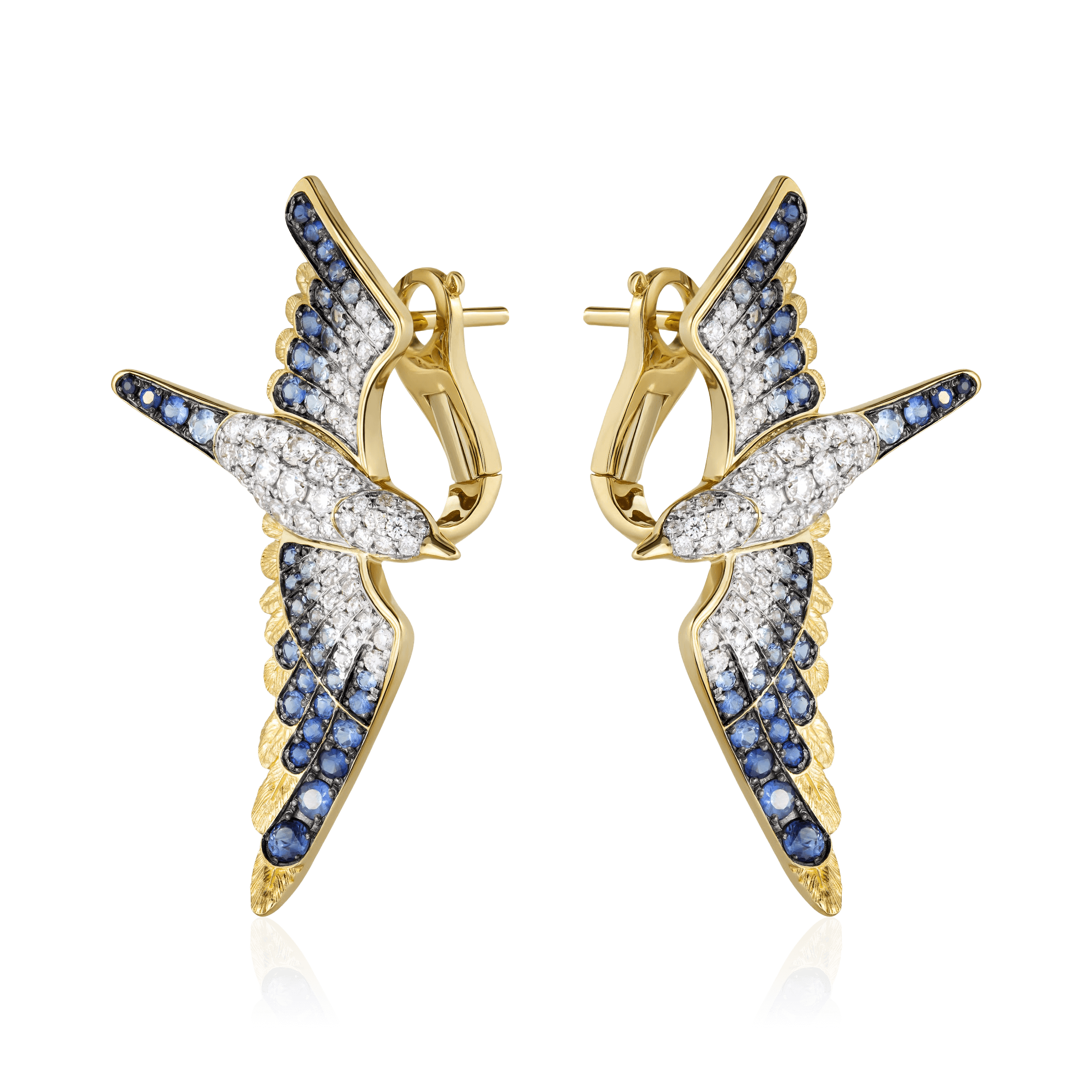 Серьги Чайки с сапфиром, бриллиантами из желтого золота 750 пробы, фото № 1