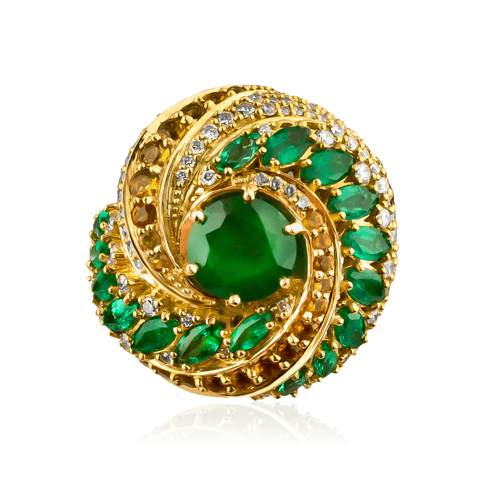 Кольцо с бриллиантами, изумрудом, цитрином из желтого золота 750 пробы, фото № 2