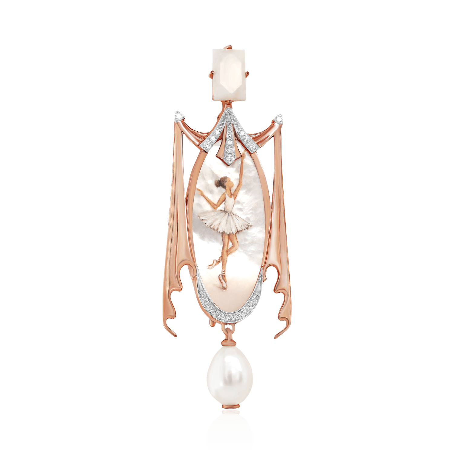 Брошь-подвеска Балерина с жемчугом, бриллиантами, перламутром, нефритом из красного золота 585 пробы (арт. 104213)