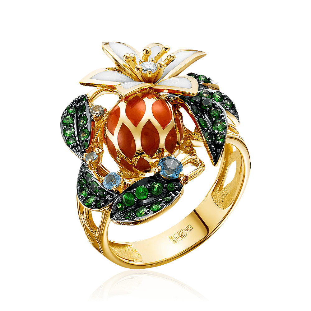 Кольцо Цветок с топазом, бриллиантами, тсаворитом из желтого золота 585 пробы, фото № 1