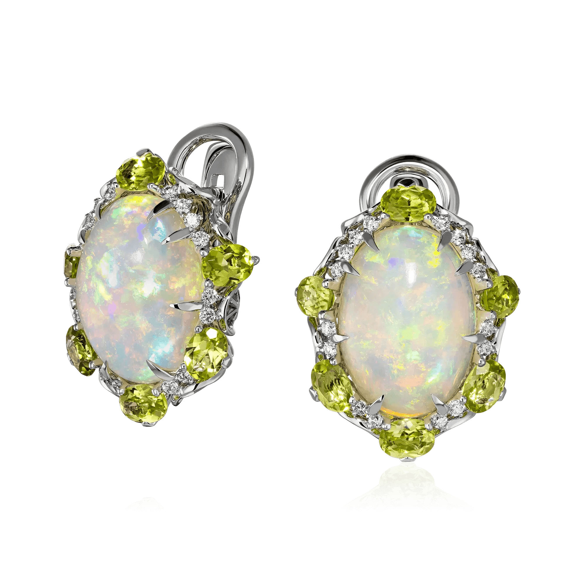 Серьги с опалом, хризолитом, бриллиантами из белого золота 585 пробы, фото № 1