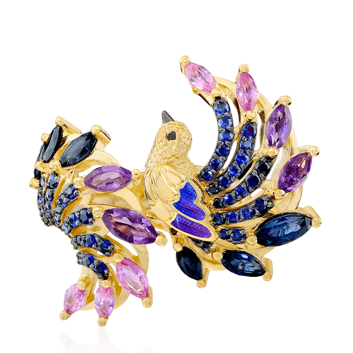 Кольцо Птица с бриллиантами, аметистом, эмалью, цветными сапфирами из желтого золота 750 пробы (арт. 38709)
