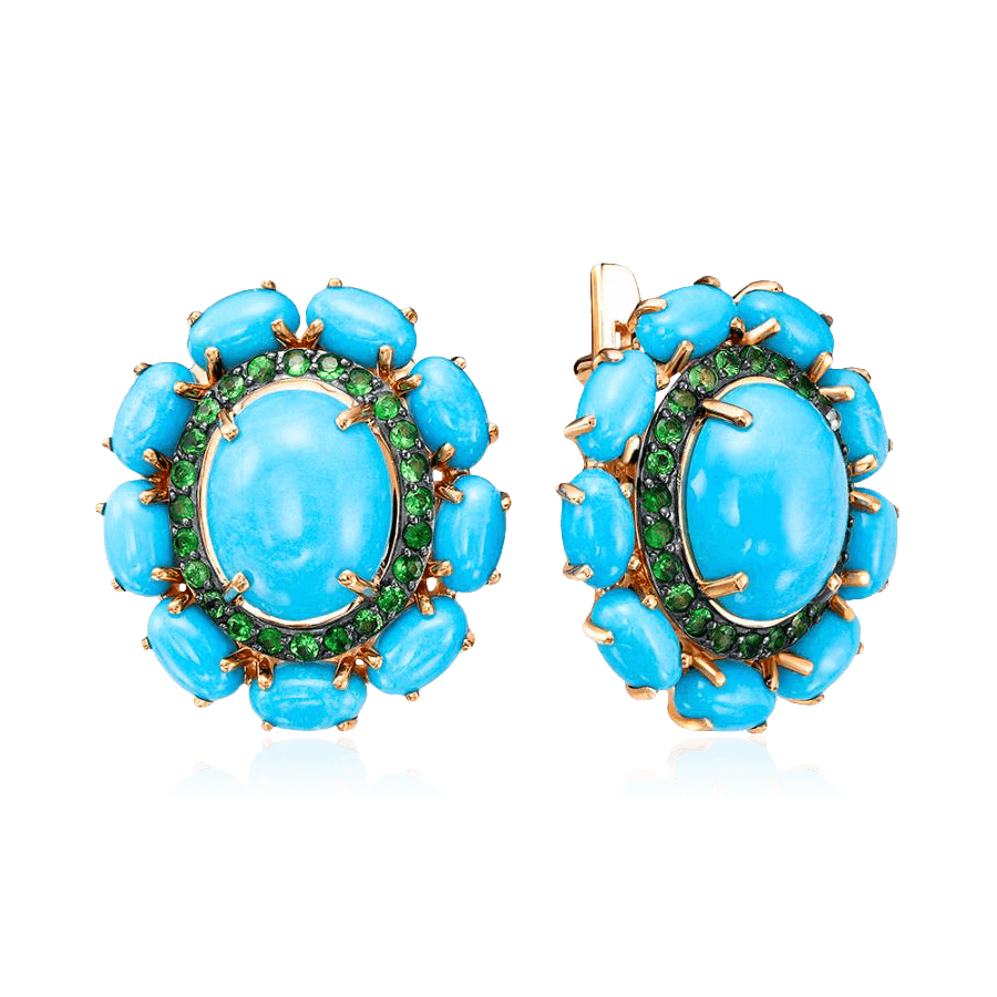 Серьги с тсаворитом, бирюзой из красного золота 585 пробы (арт. 97235)