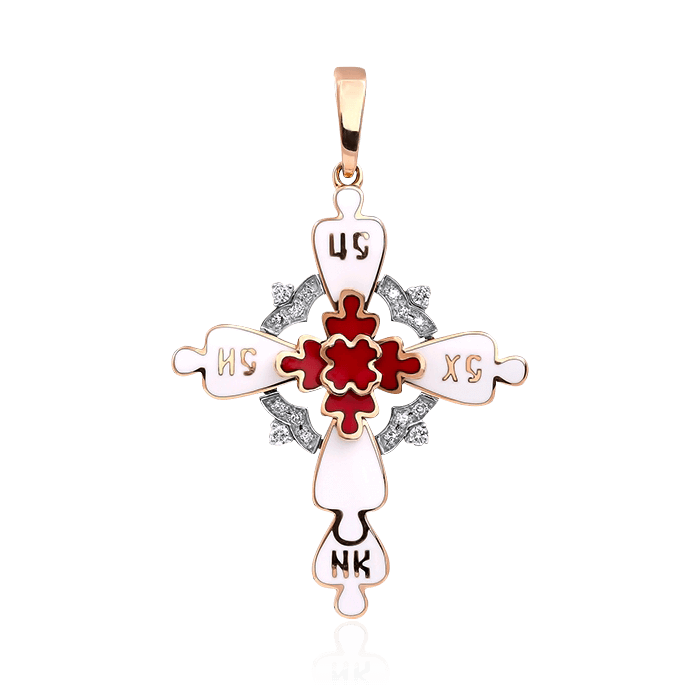 Православный крест из красного и белого золота 585 пробы с горячей эмалью и бриллиантами, фото № 1
