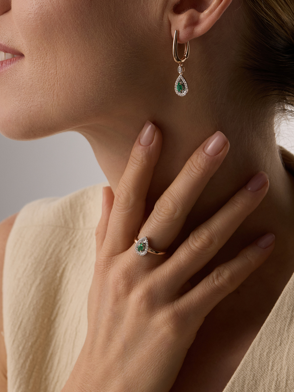 Серьги с бриллиантами, изумрудом из красного золота 585 пробы, фото № 5