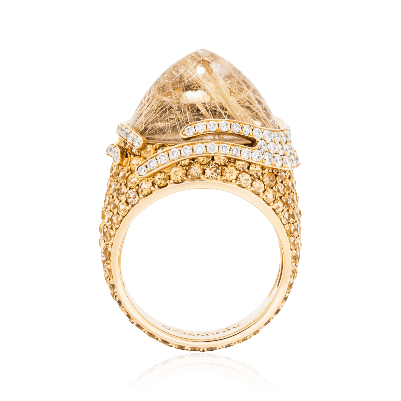 Кольцо с кварцем, сапфиром, бриллиантами из желтого золота 750 пробы, фото № 3