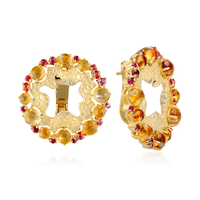 Серьги с цитринами, цветными сапфирами, рубинами и бриллиантами в желтом золоте 750 пробы (арт. 34656)