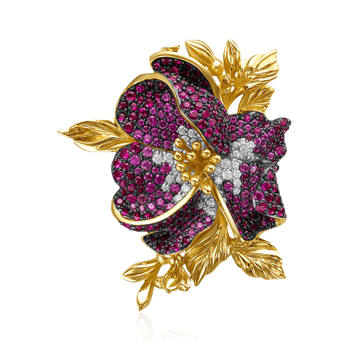 Брошь Цветок с рубином, сапфиром, бриллиантами из желтого золота 585 пробы (арт. 68566)