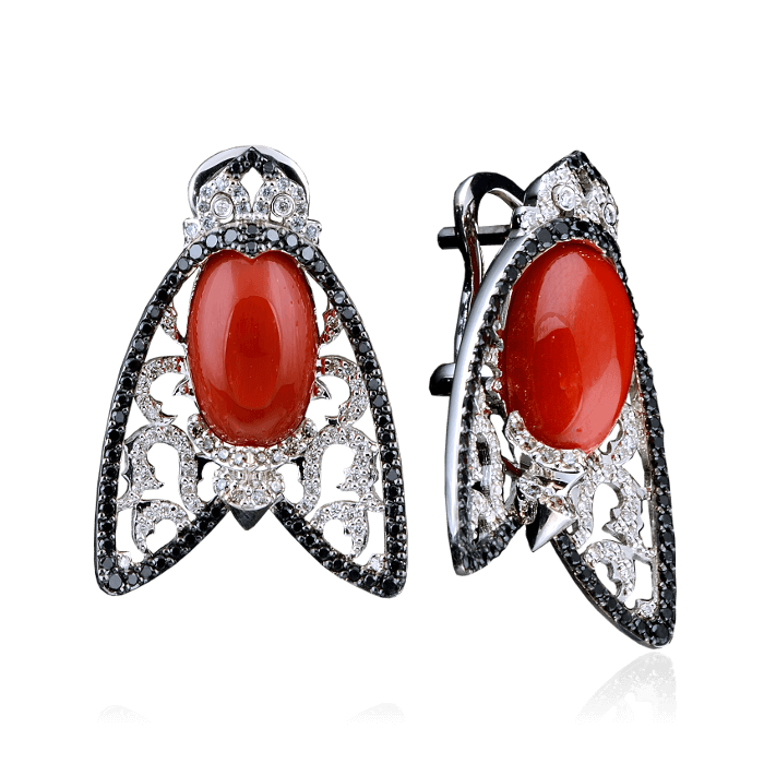 

Серьги "Муха" с кораллом, белыми и черными бриллиантами в белом золоте 750 пробы