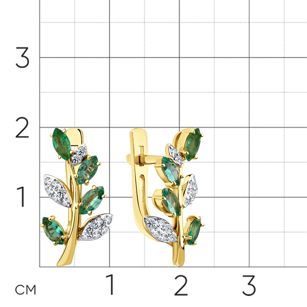 Серьги с изумрудом, бриллиантами из желтого золота 585 пробы, фото № 2