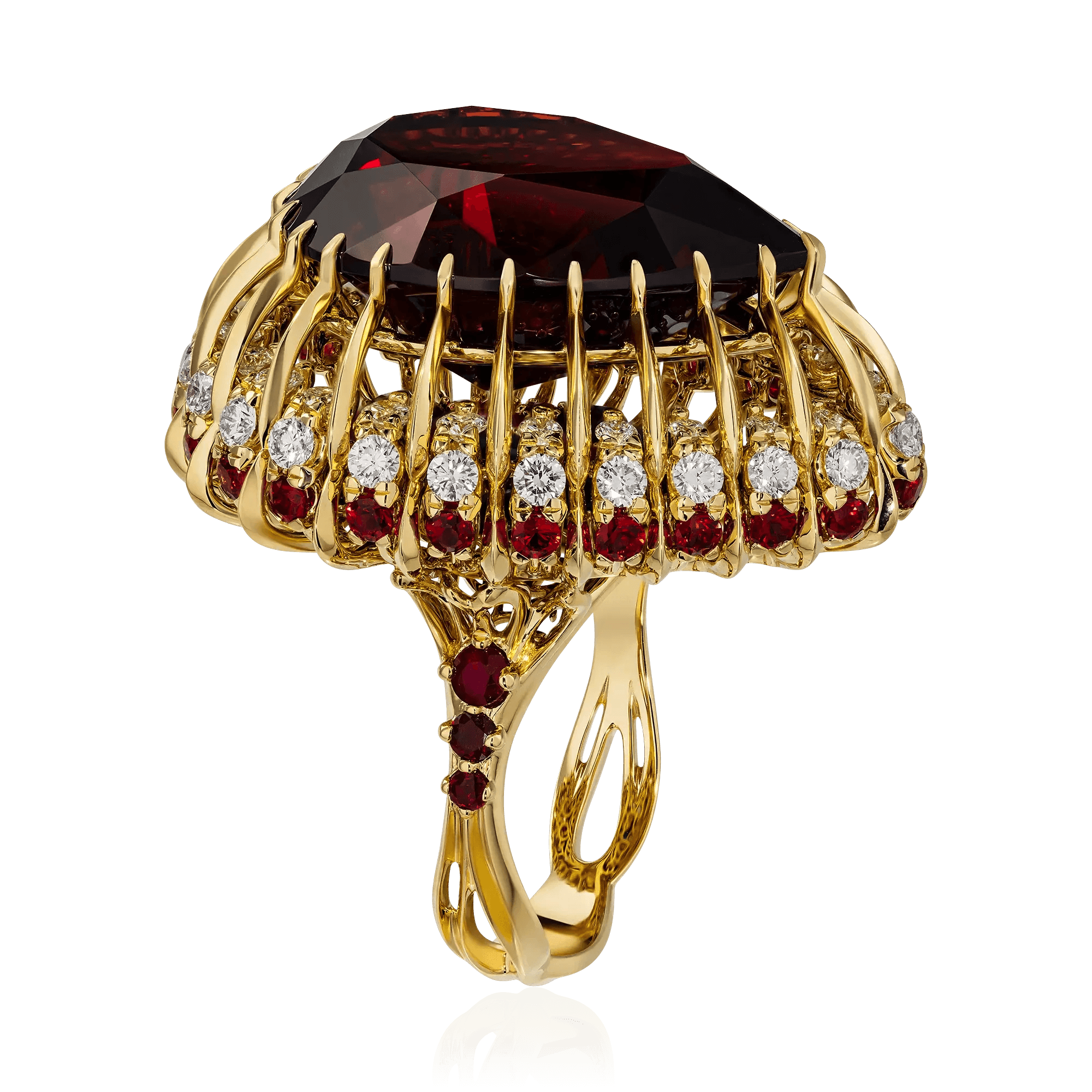Кольцо с спессартином, рубином, сапфиром, бриллиантами из желтого золота 750 пробы, фото № 3